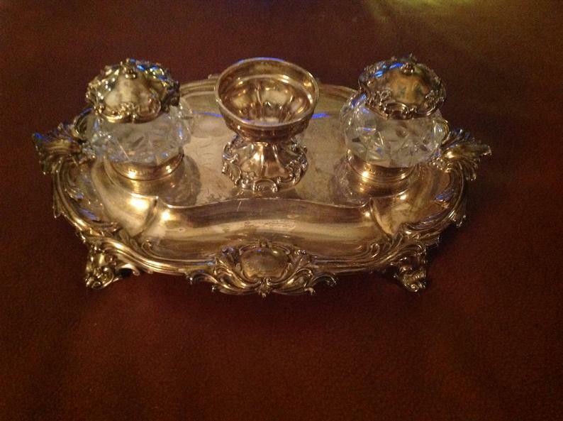 Antique Early Victorian Sterling Inkstand W / Two Crystal Inkwells c1858