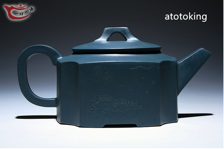China Republic of China Green Clay 370cc Square Draw Corner Yixing Zisha Teapot