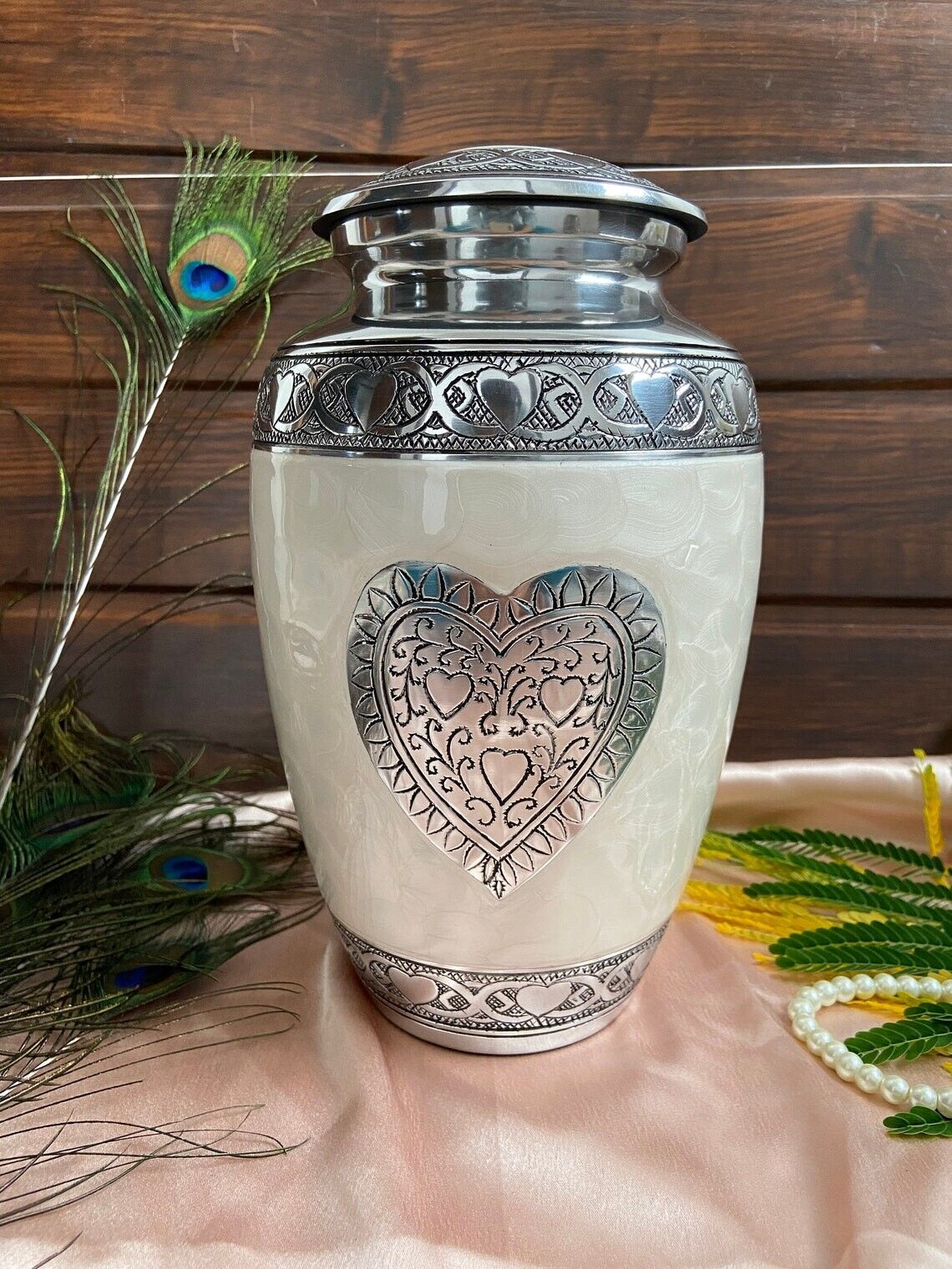 Silver Heart Cremation Urn, Urns for Human Ashes, Large Cremation Urn, Urns