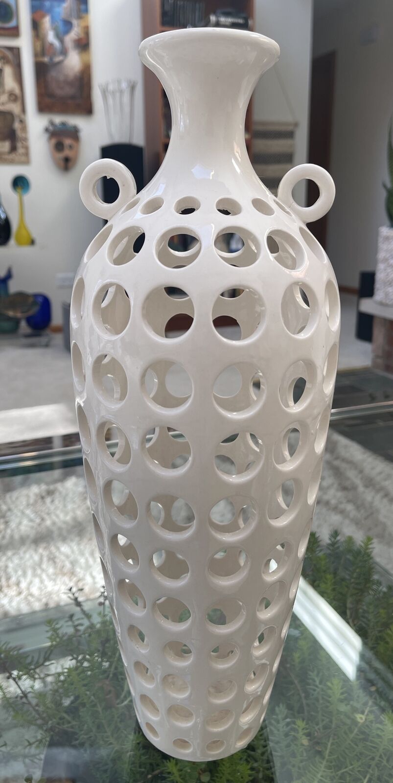 VTG White Pierced Glazed Clay Ceramic Vase Shaped Vessel Sculpture Urban Design