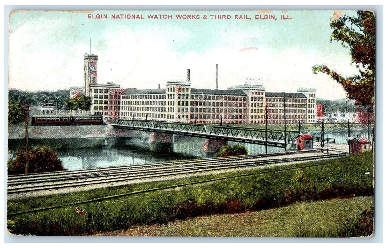 1909 Elgin National Watch Work And Third Rail Elgin Illinois IL Trees Postcard