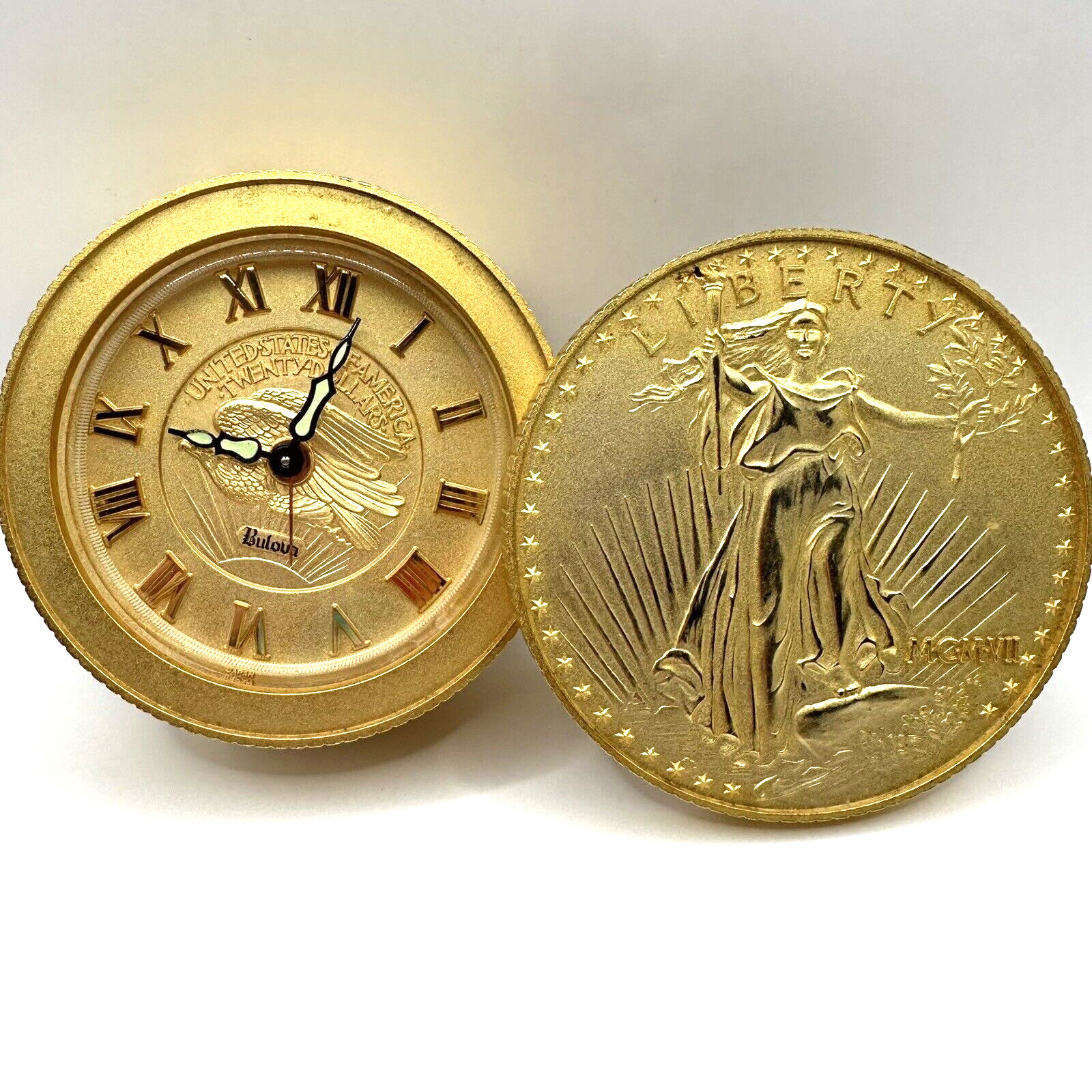 VTG 1970’s Bulova Saint Gaudens $20 Liberty Gold Coin Clock Working Made Japan