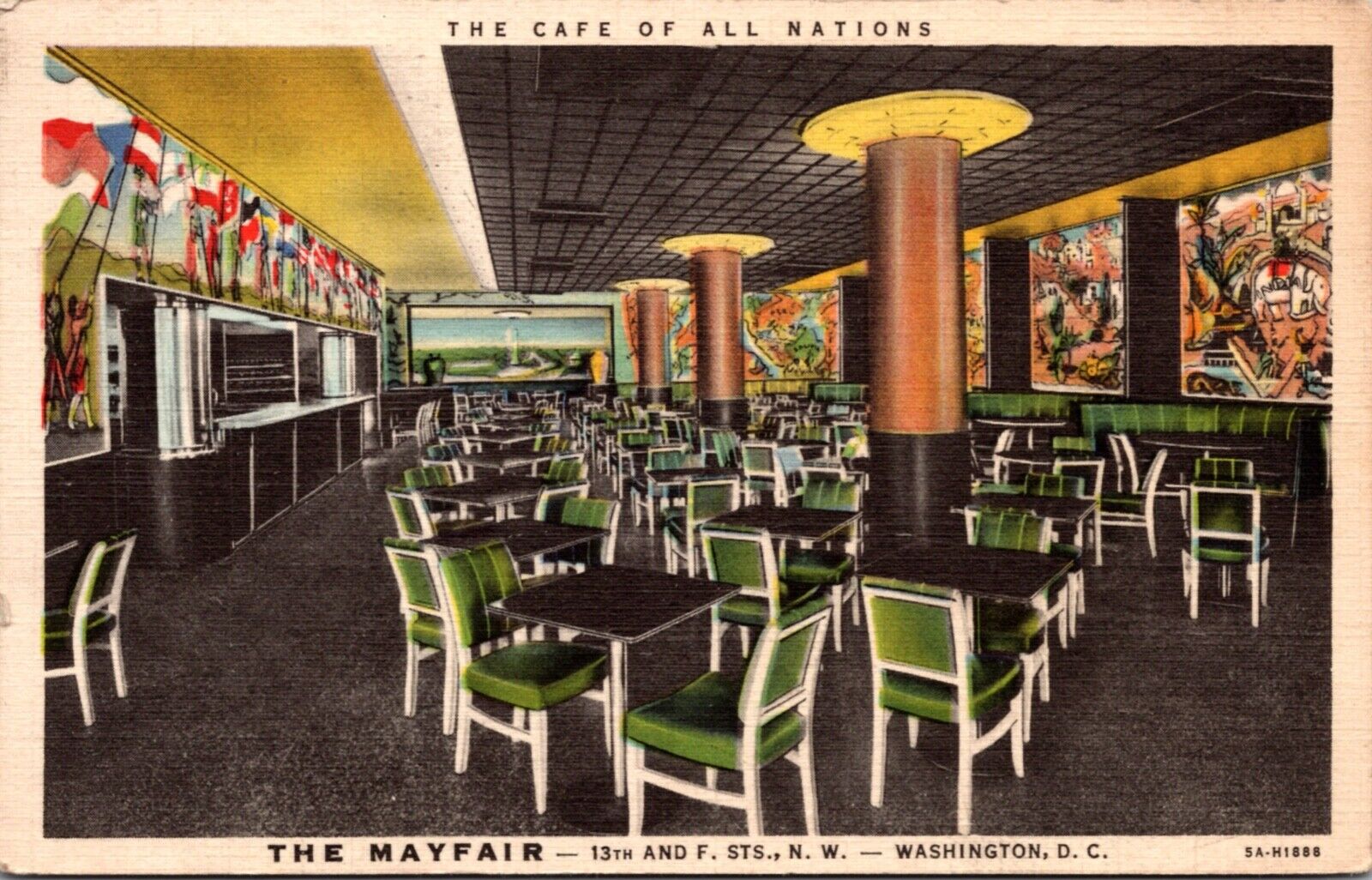 Linen Postcard Interior The Mayfair Cafe 13th and F. Streets in Washington D.C.