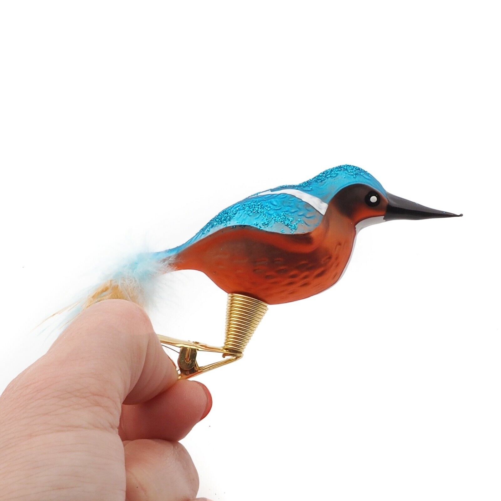 Czech hand blown glass kingfisher bird clip on Christmas tree ornament