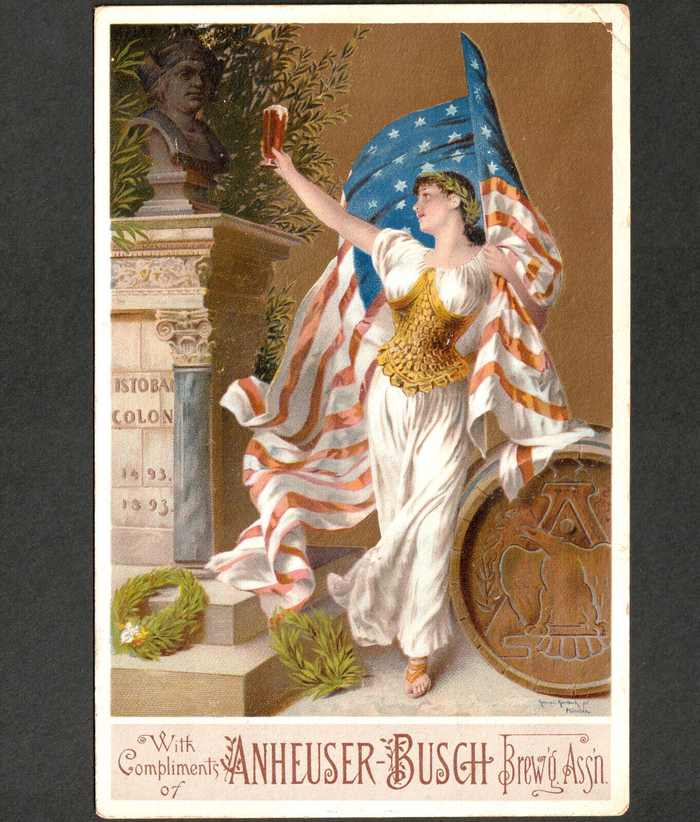 1893 Anheuser Busch Brewing Beer Columbia Flag Advertising Victorian Trade Card