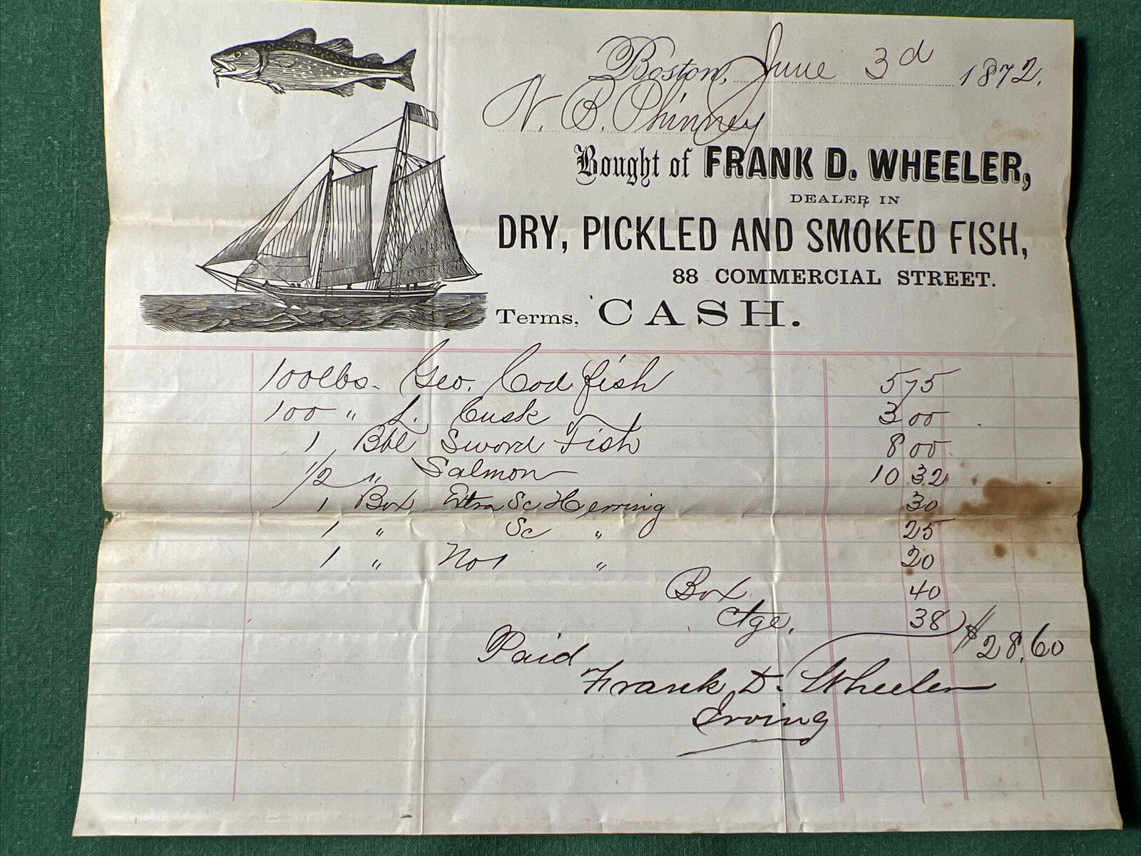 antique 1872 Bill Head Frank D Wheeler DRY Pickled SMOKED FISH Boston COD Sword