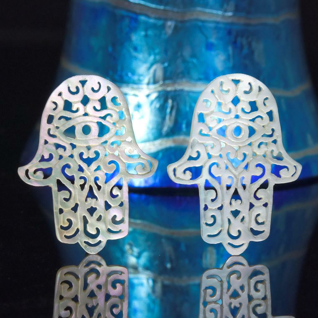 Hamsa Hand Earring Pair Carved Mother-of-Pearl Shell Filigree Cut Work 2.15 g