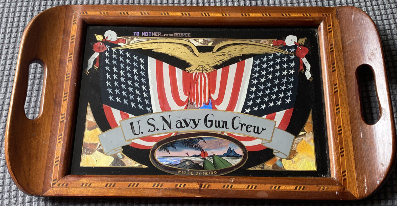 Early Reverse Painted US Navy Tray-“To Mother”- Butterfly Wings - Span.-Am. War?