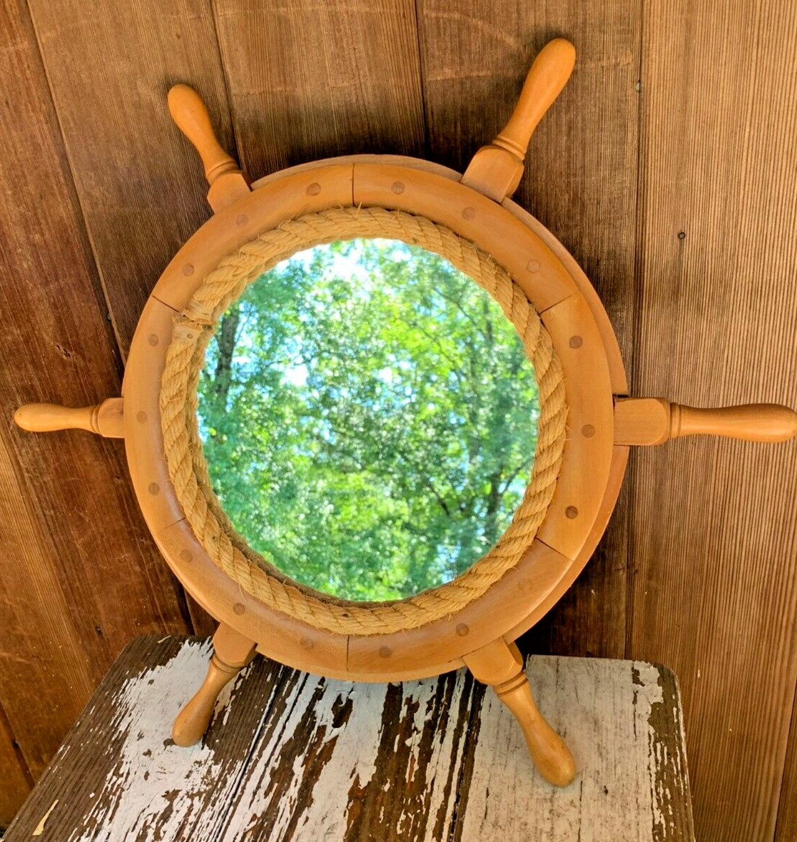 Vtg Ship Wheel Mirror Nautical Boat Rope Wood Round Wall 20” Mounted Coast