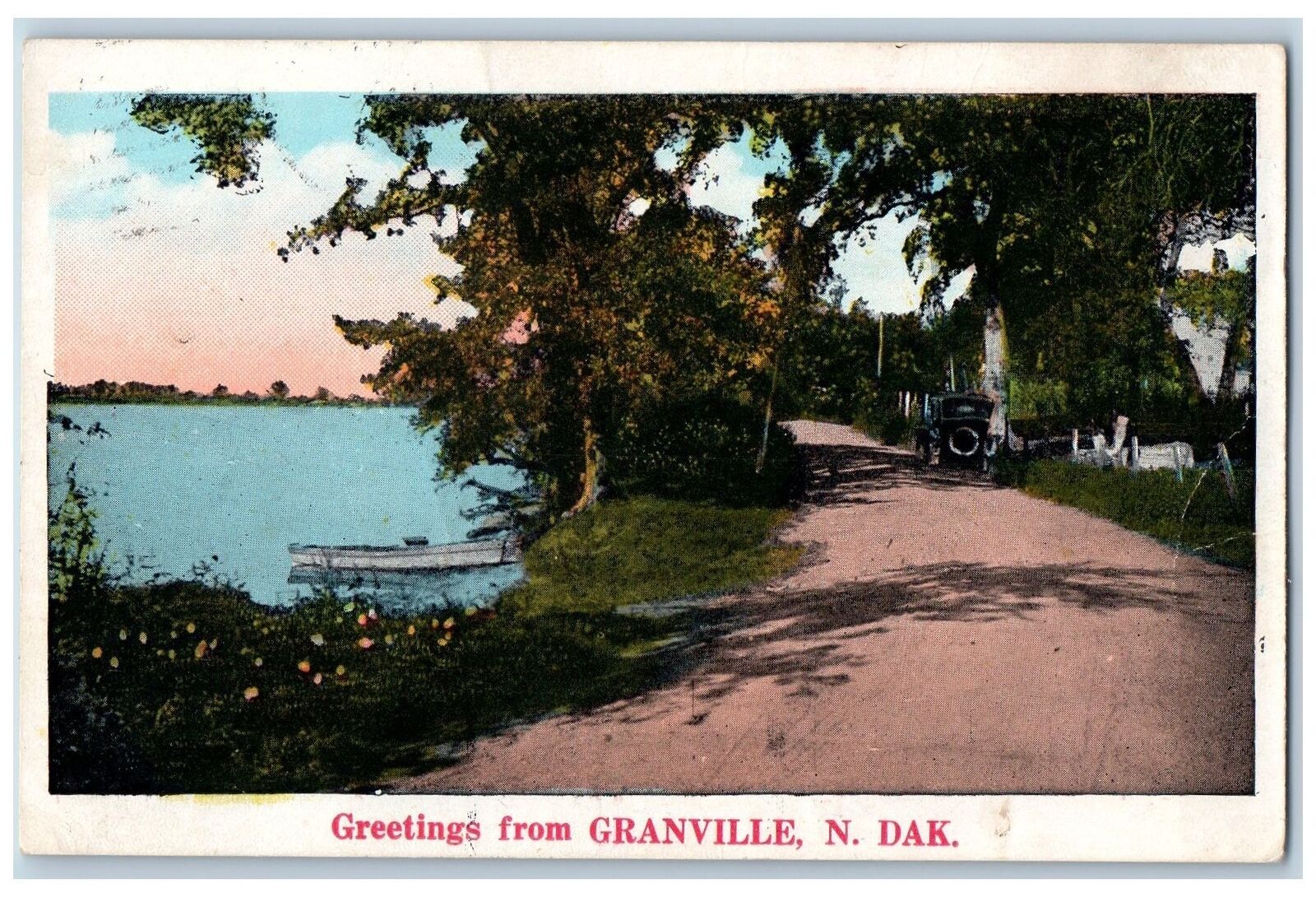 Granville North Dakota Postcard Greetings Country Road Boat Scene 1930 Antique