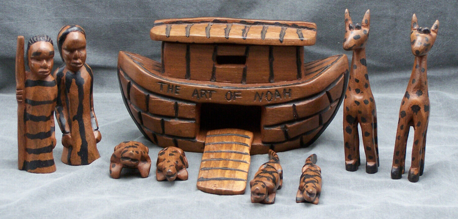 Vintage Hand Carved Noahs Ark with People & Animals 11 Piece Set The Art Of Noah