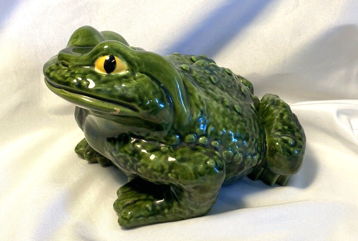 Rare Large Ceramic Frog Toad Vintage Garden Figurine Glazed Yellow Eyes