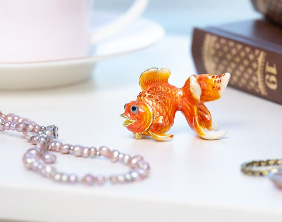 Keren Kopal  Small gold Fish Trinket Box Decorated with Austrian Crystals
