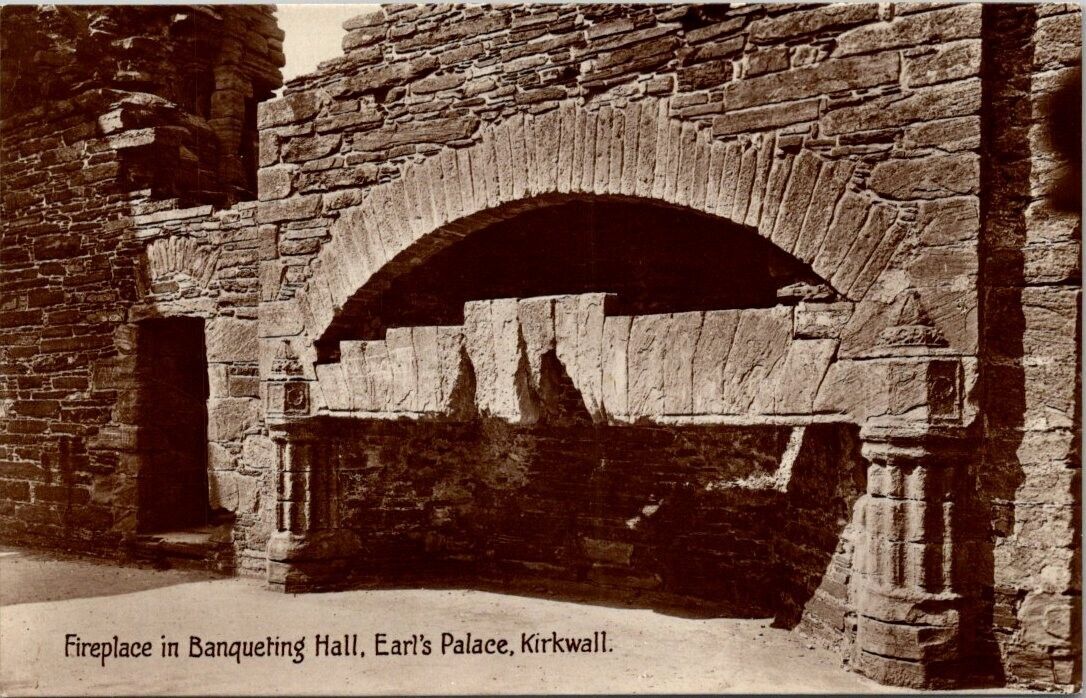 Vintage real photo postcard-Fireplace in Banqueting Hall Earl's Palace, Kirkwall