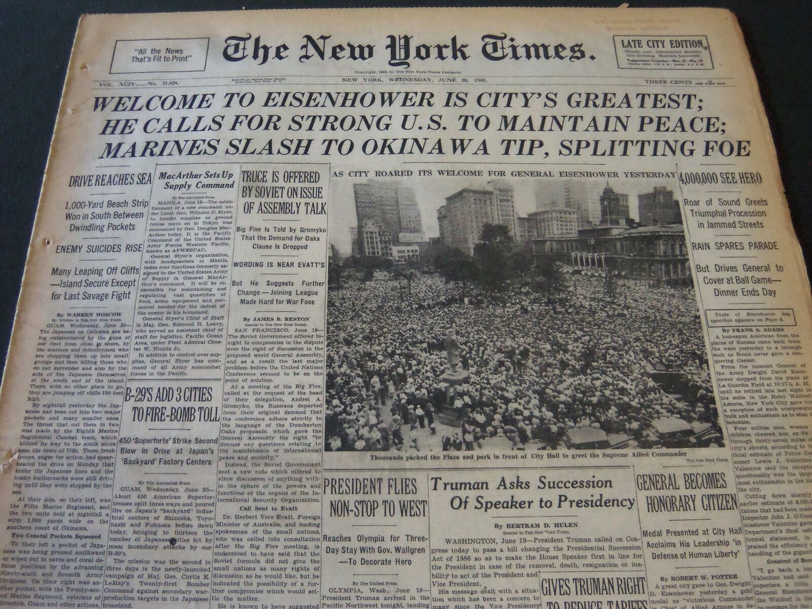 1945 JUNE 20 NEW YORK TIMES - WELCOME TO EISENHOWER IS CITY'S GREATEST - NT 5892