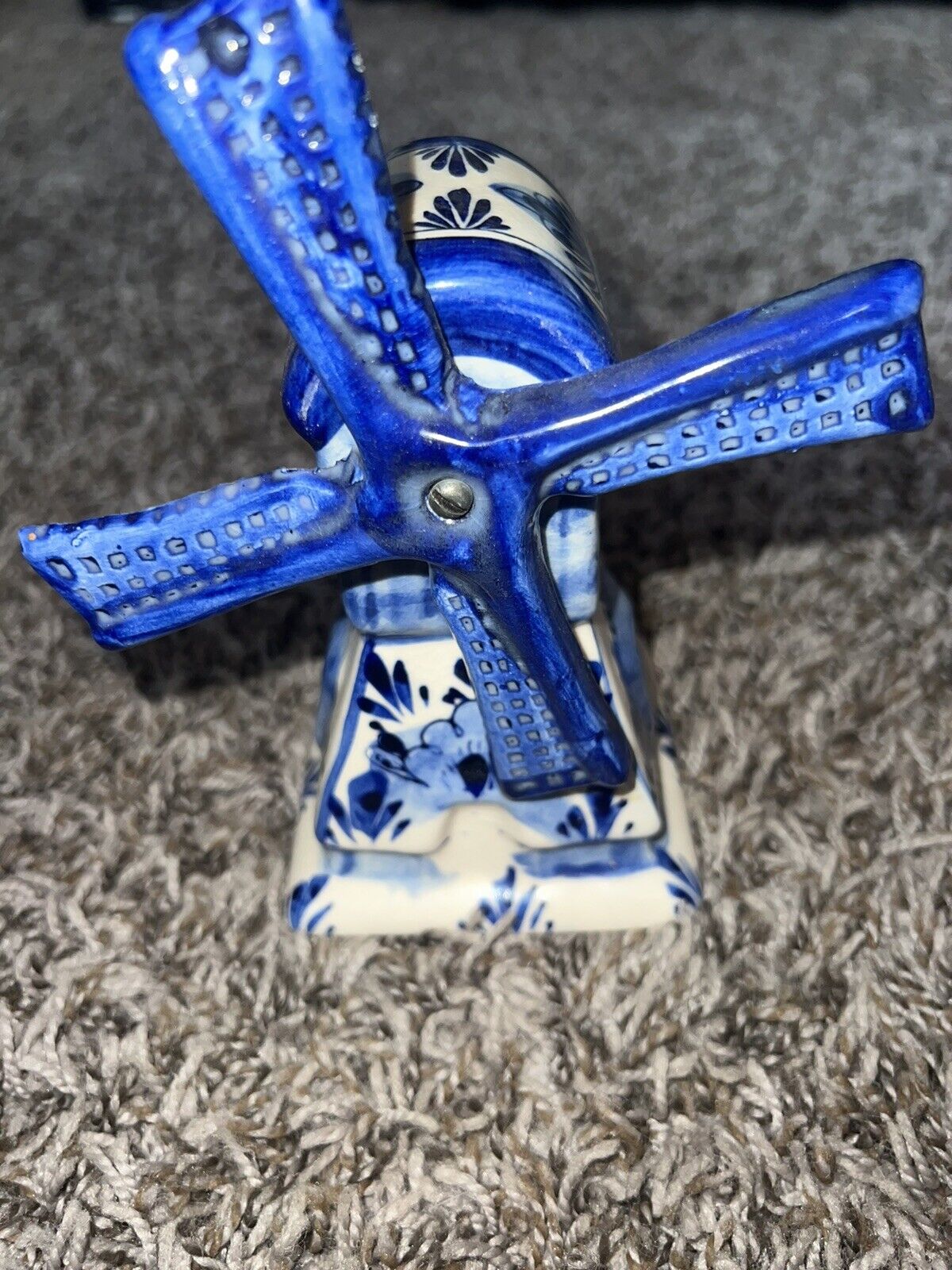 Vintage Hand Painted Delft Blue & White Ceramic Windmill Moving Windmill 6” Tall