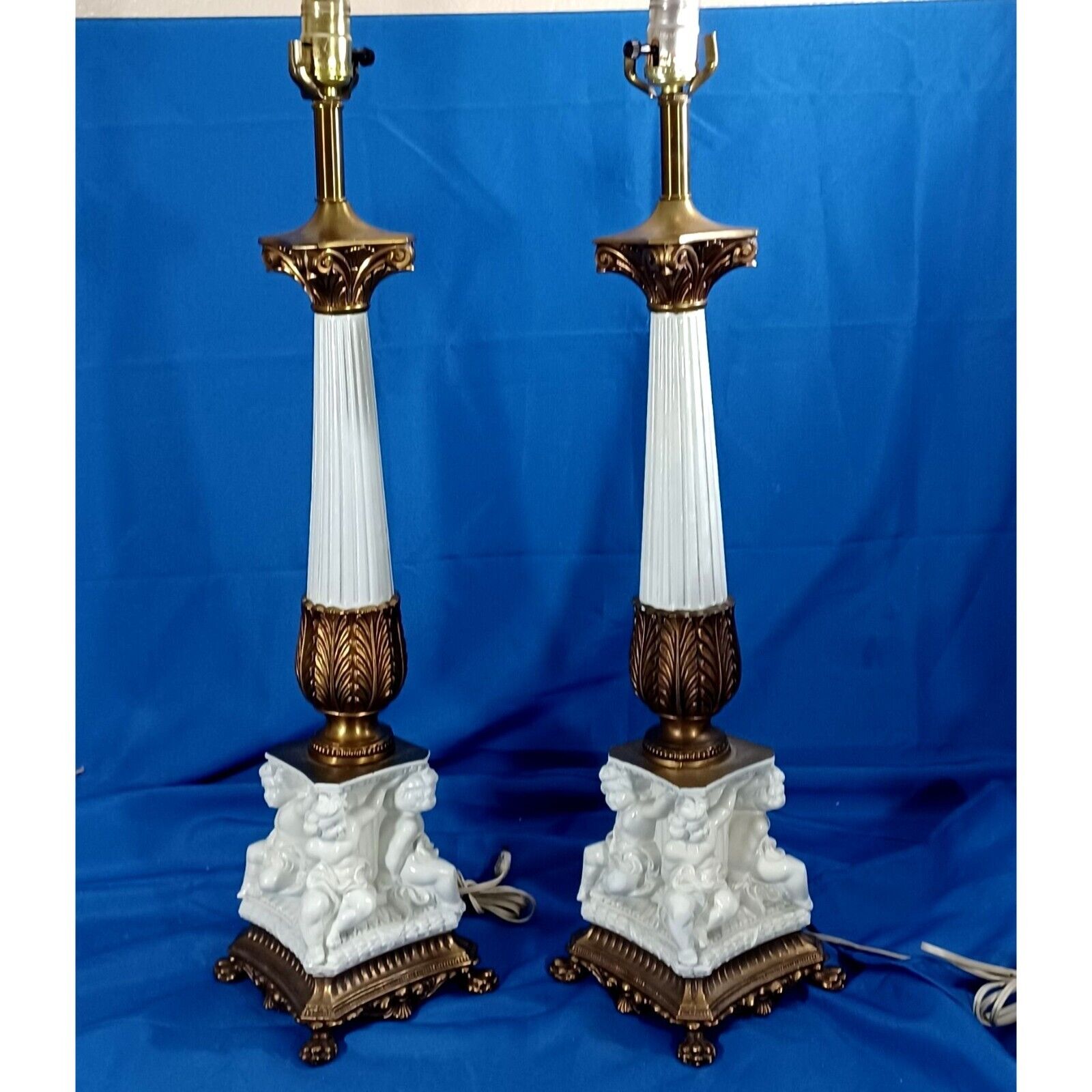 Neoclassical Cast Bronze Cherub Hollywood Regency Buffet Table Lamps MCM Vtg