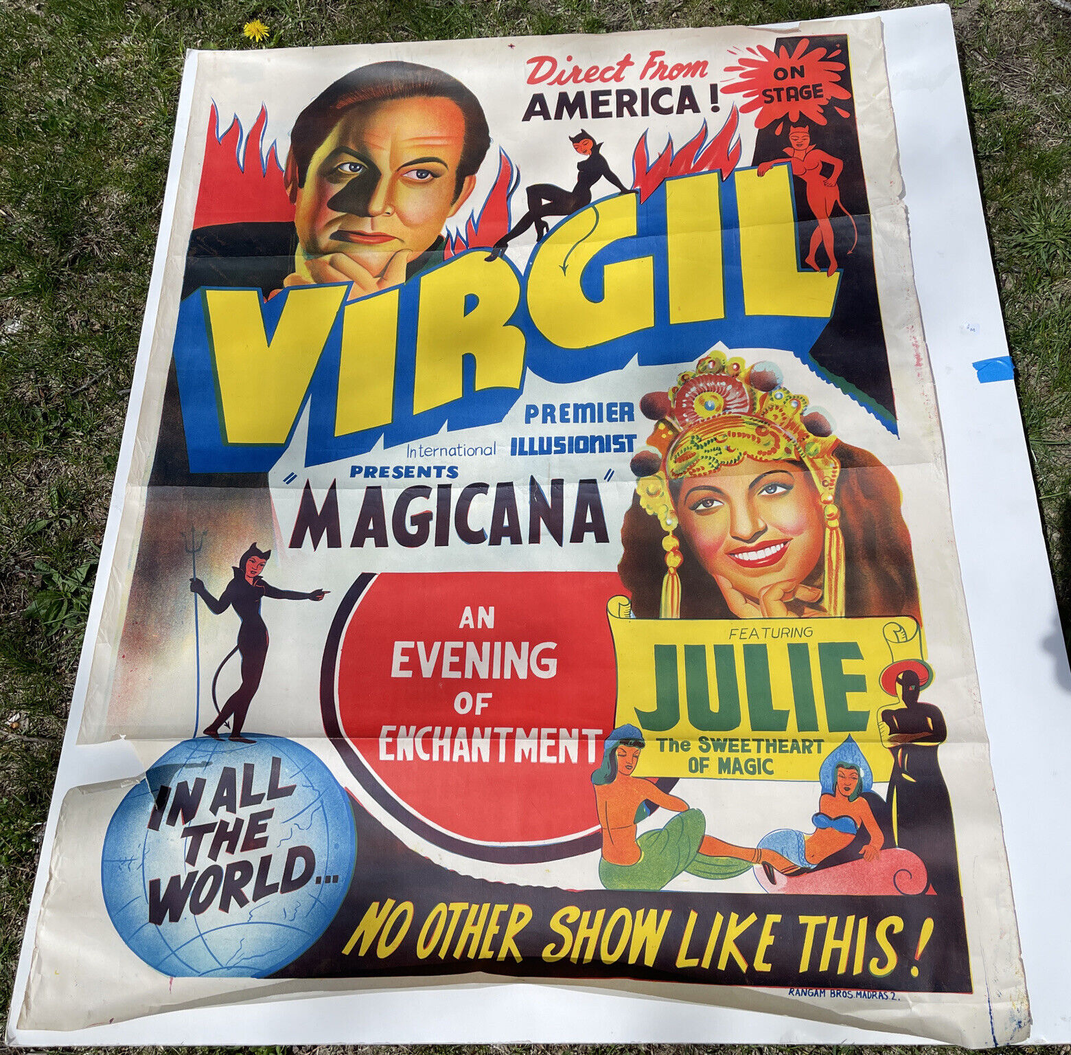 Virgil & Julie Vintage Magic Poster Full Color Magician magicana 30x40” 1940s