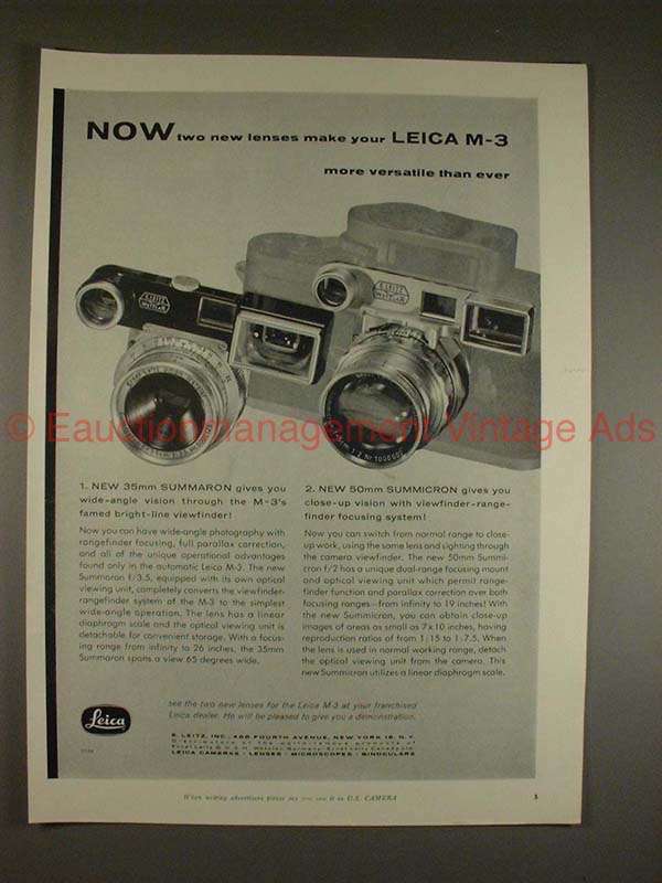 1957 Leica M3 M-3 Camera Ad, Two Lenses Make Versatile