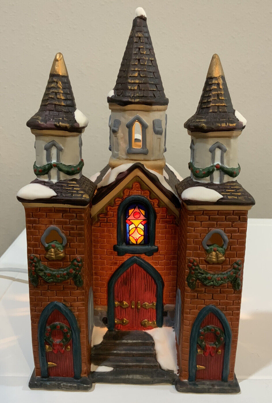 Vtg Galleria Handpainted, Porcelain Christmas Village Church Cord Original Box