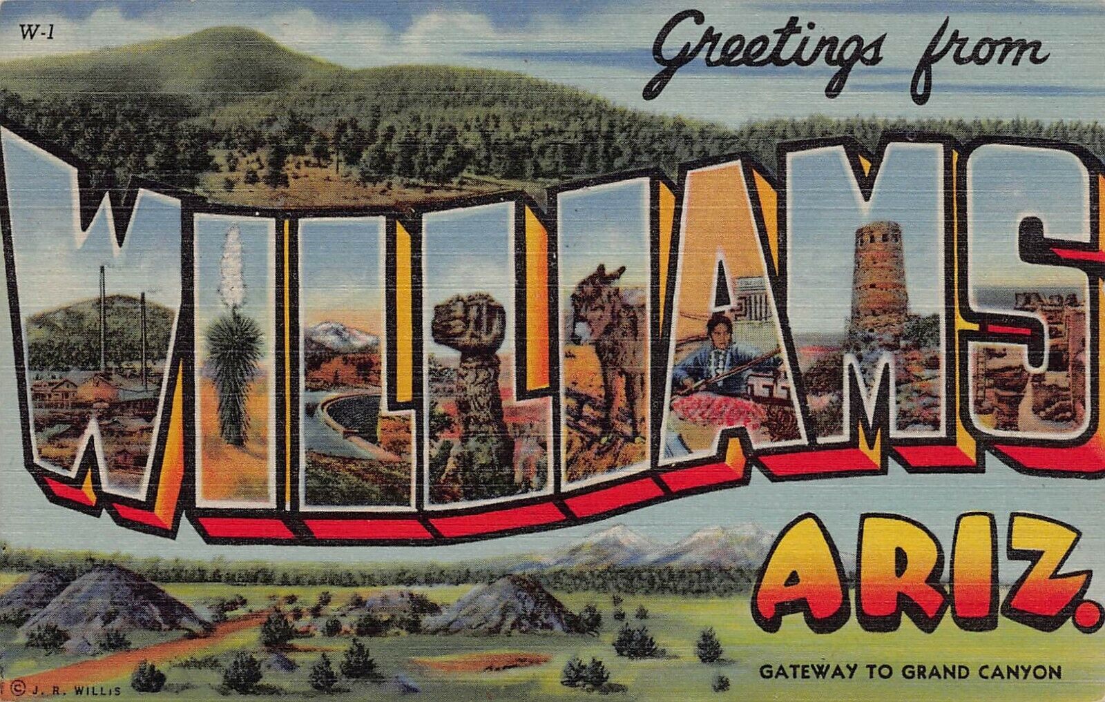1949 Williams Arizona AZ Greetings From W-1 Large Letter Postcard