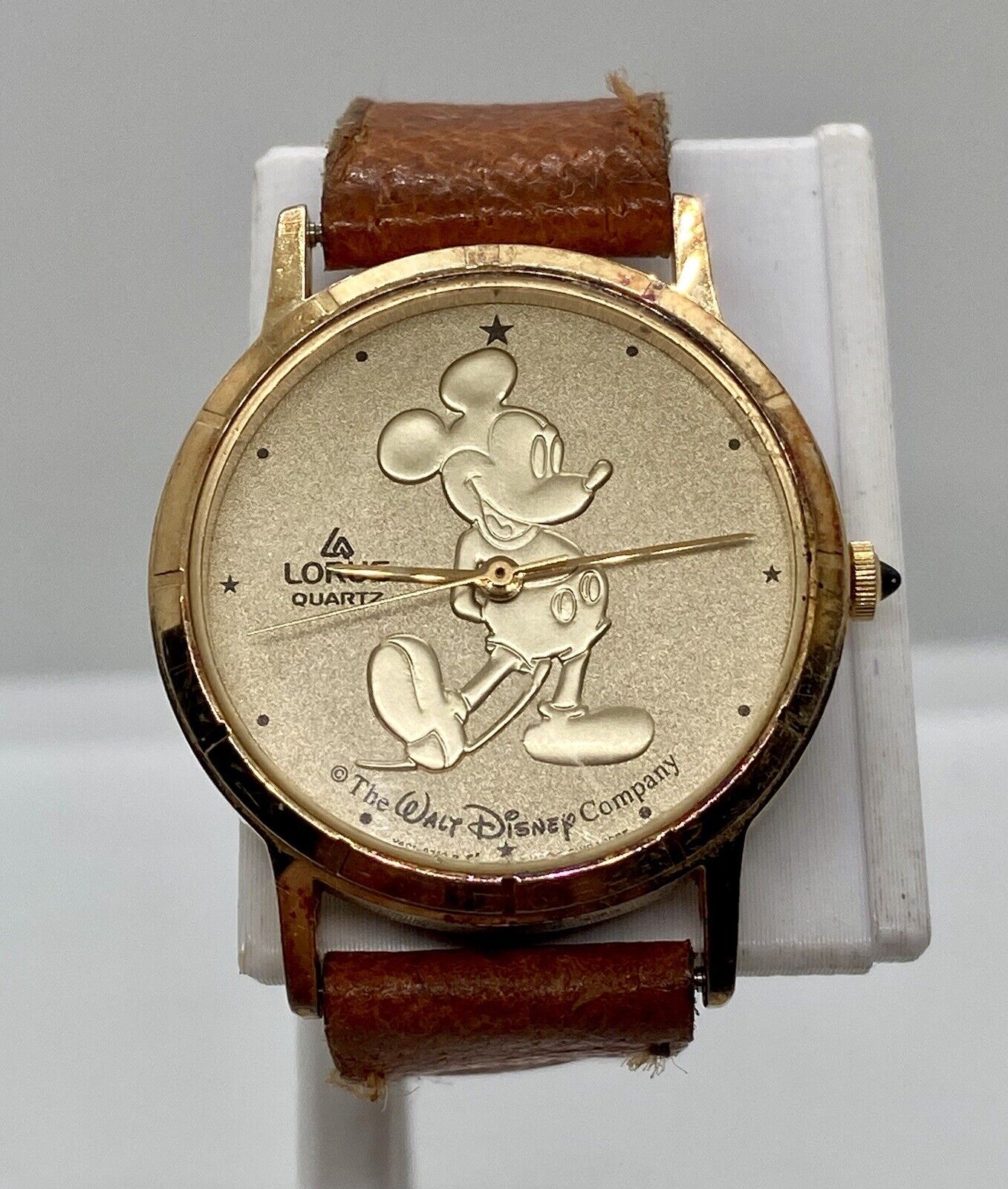 Walt DISNEY Co. Ladies  WATCH New Battery Mickey Mouse Gold Dial Brown Leather