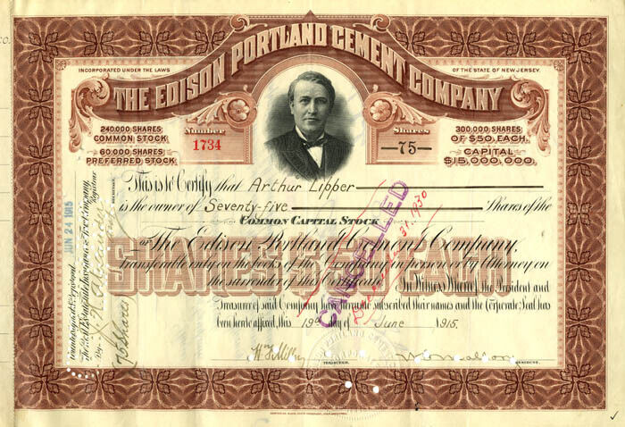 Thomas A. Edison Inc. - Edison Portland Cement - Transferred to Thomas A. Edison