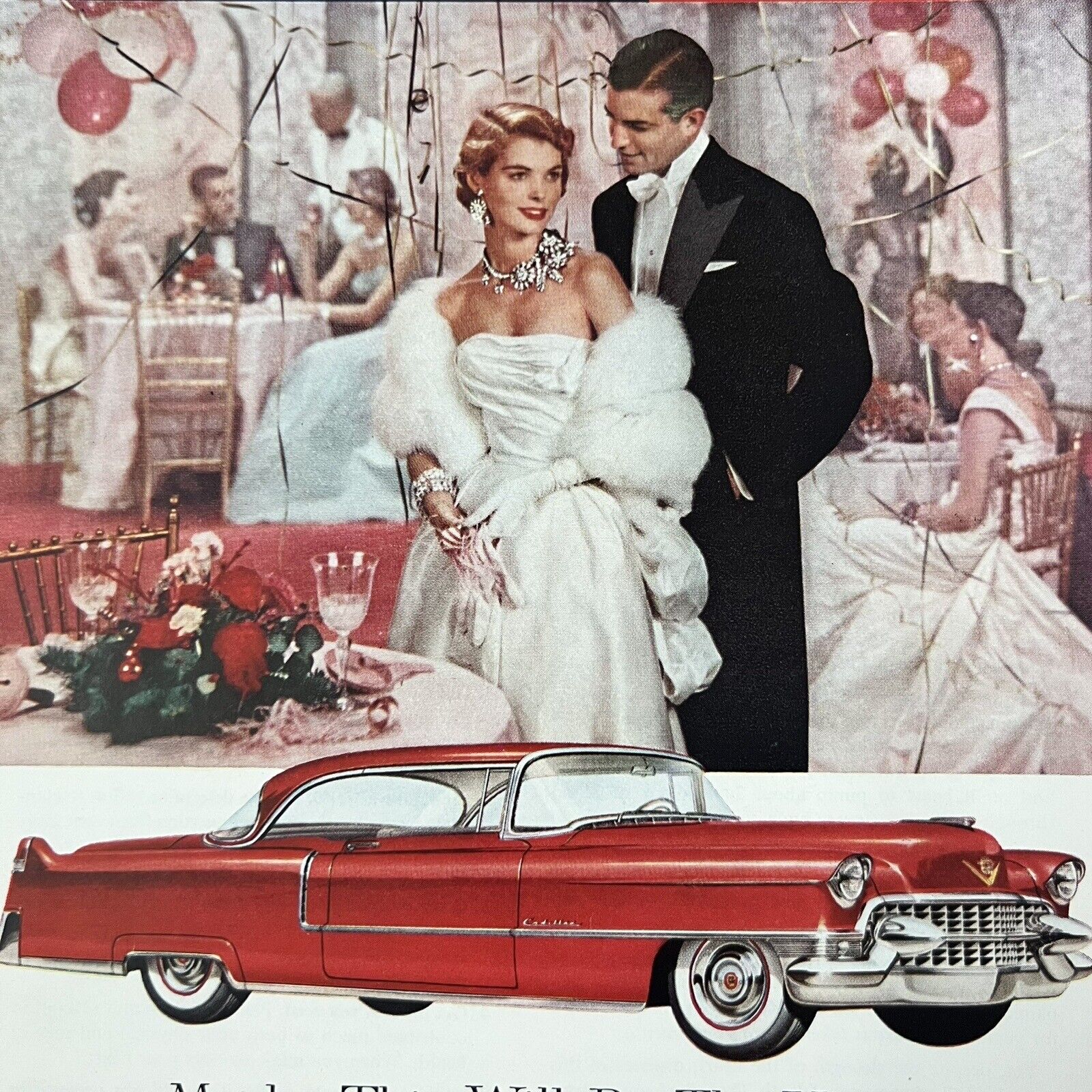 Vintage 1955 Cadillac Red Car Handsome Couple at Party Color Advertisement Ad