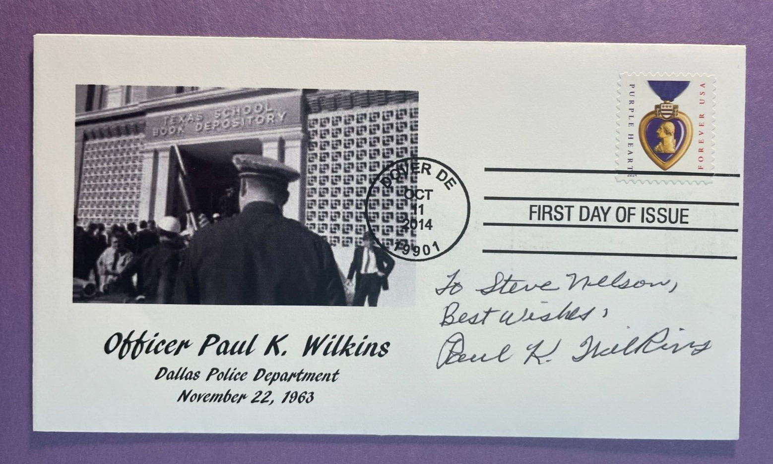 SIGNED OFFICER PAUL K. WILKINS FDC AUTOGRAPHED FIRST DAY COVER - JFK ASSASSINATI