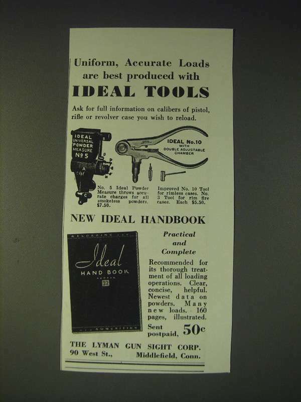 1937 lyman No. 5 Ideal Powder Measure and No. 10 Tool for Rimless Cases Ad