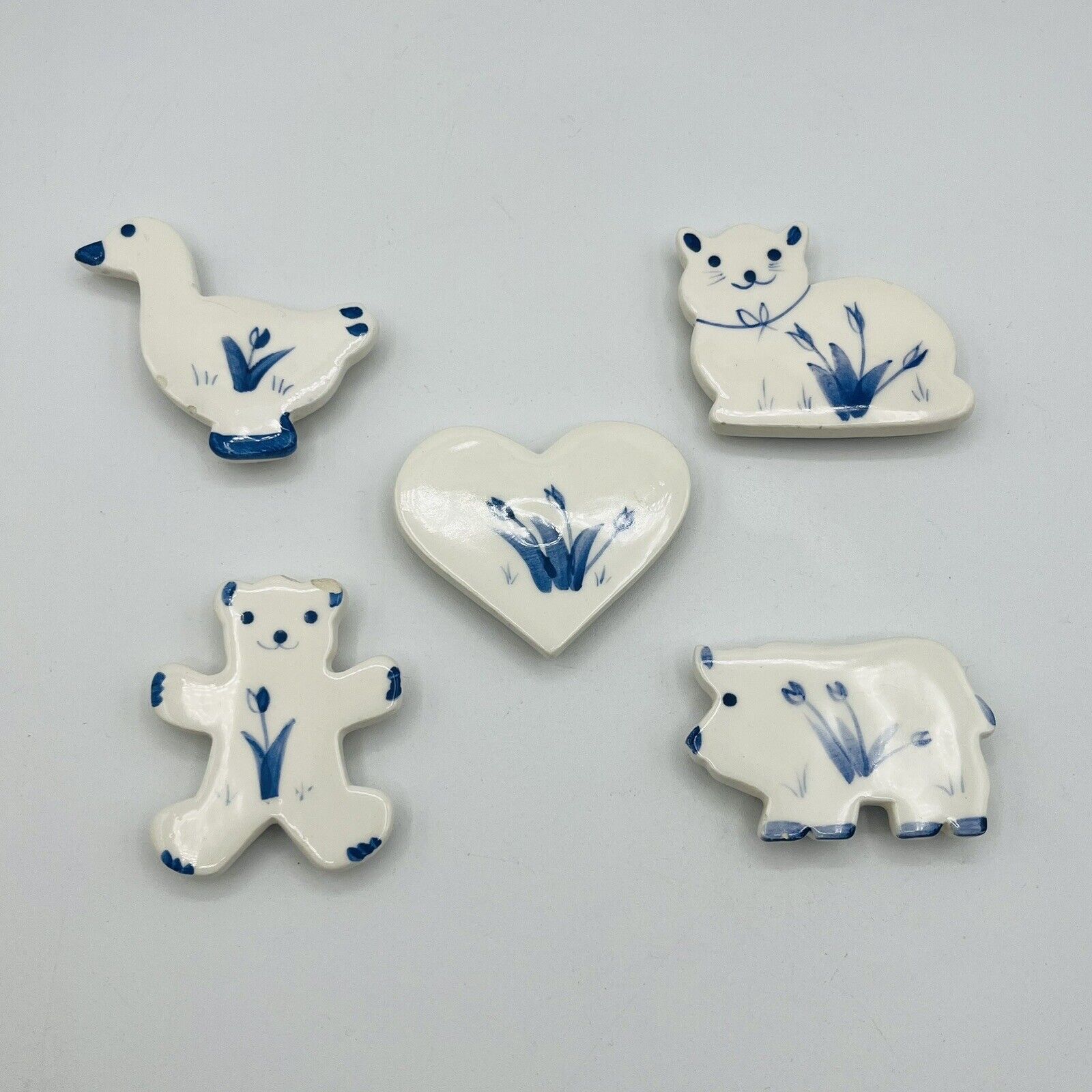 Vintage Handpainted Blue And White Ceramic Animal Magnets