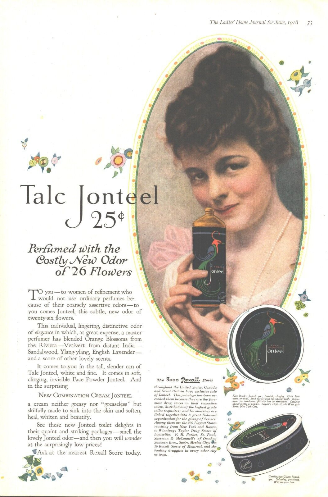 1918 Talc Jonteel Powder Antique Print Ad World War I Era New Odor 26 Flowers