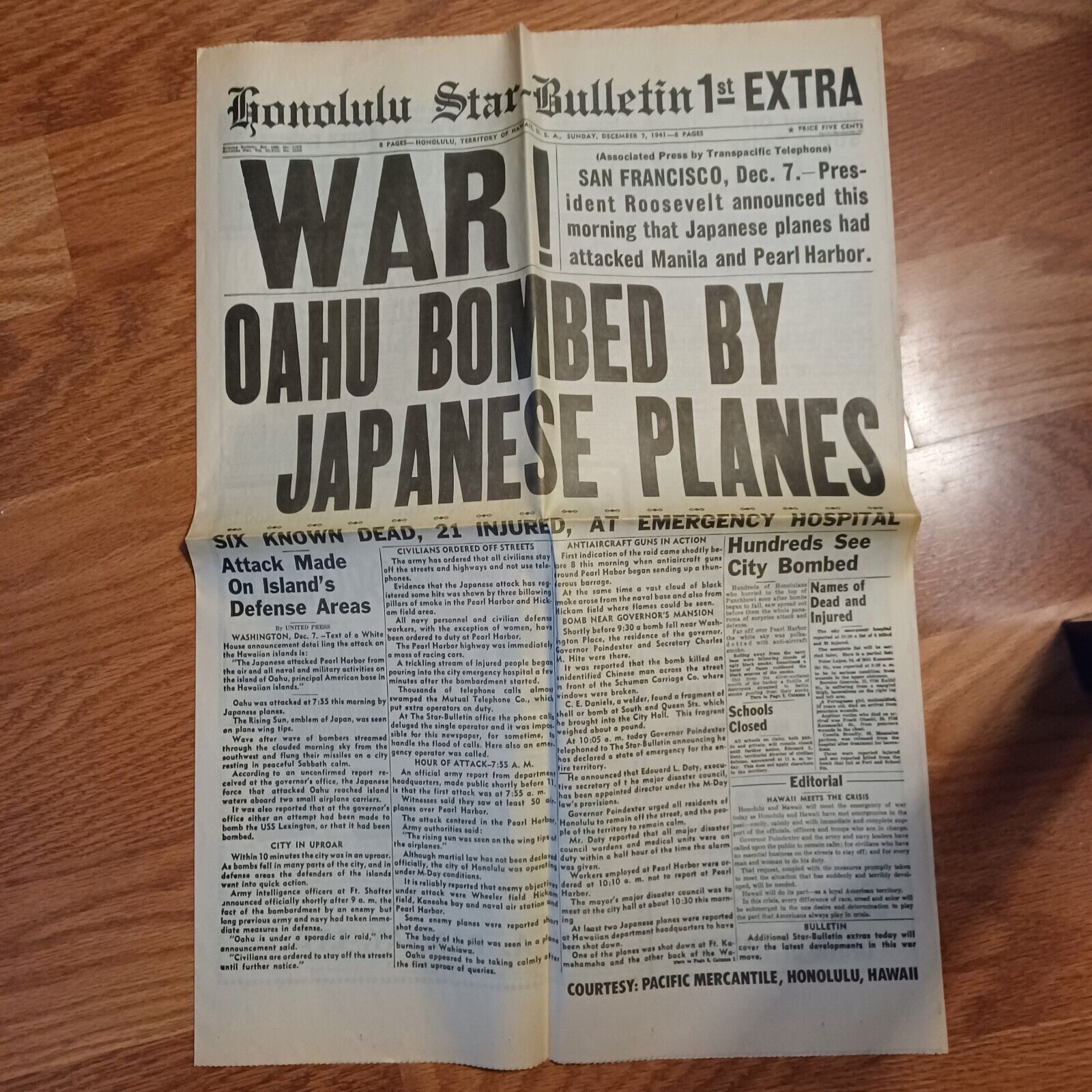 Dec. 7, 1941 Honolulu Star Bulletin: War: Oahu Bombed By Japanese Planes: WWII