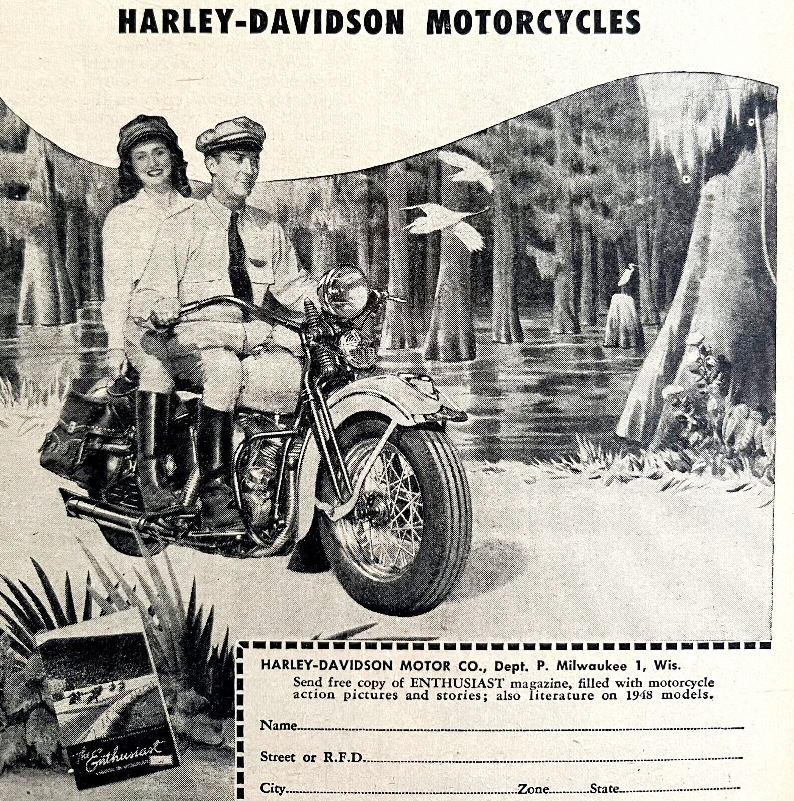 Harley Davidson Advertisement 1948 Everglades Swamp Scene Motorcycle LGBinHD2