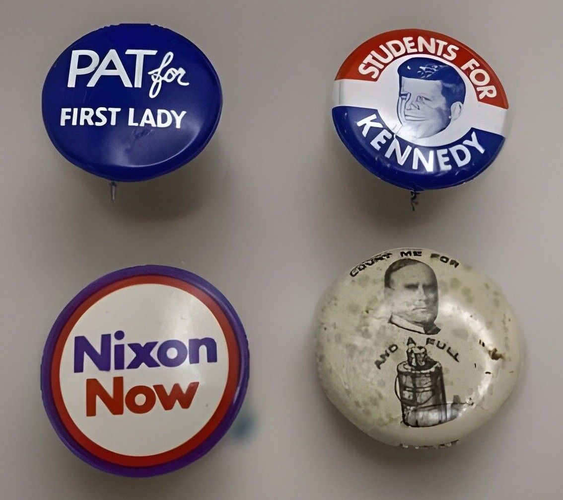 Vintage Lot of 4 ORIGINAL CAMPAIGN POLITICAL PINS Nixon, Pat, Kennedy, McKinley