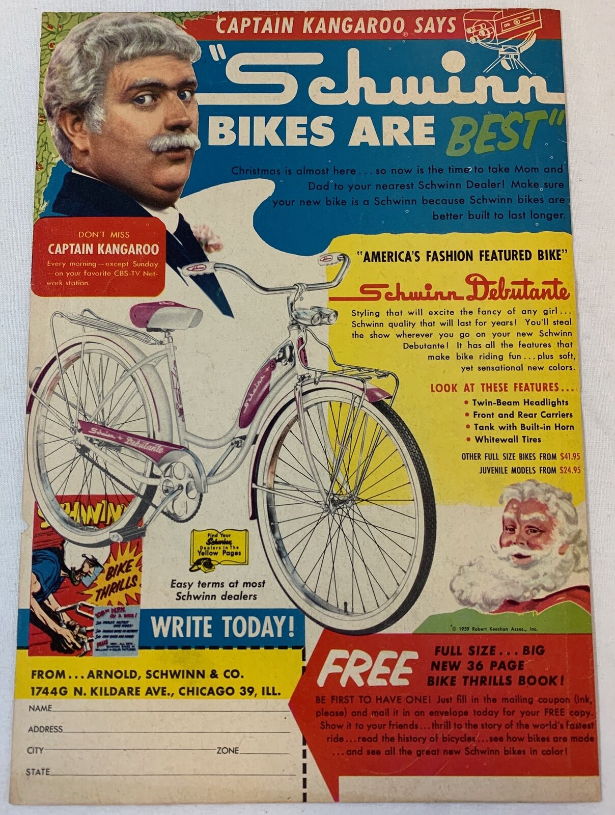 1959 CAPTAIN KANGAROO Schwinn Debutante bicycle ad page