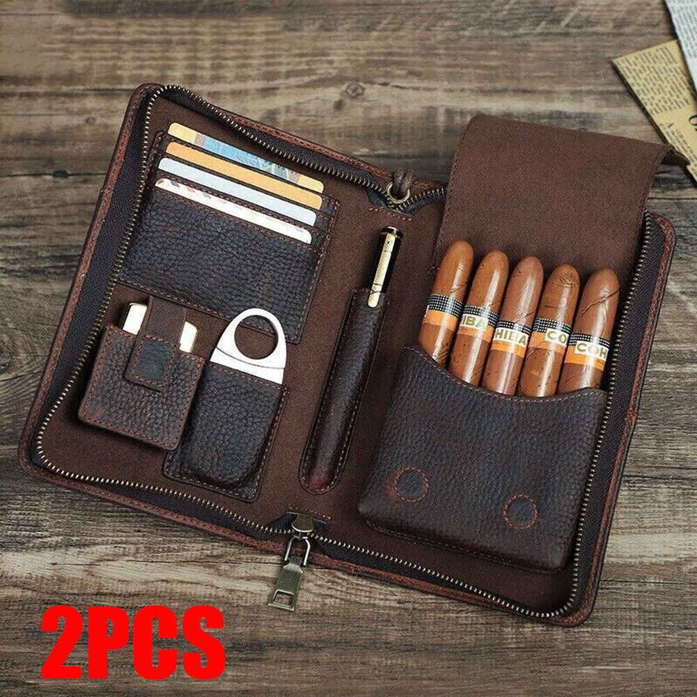 2PCS Genuine Leather Cigar Case travel Humidor Set Lighter Cutter Pocket Box##