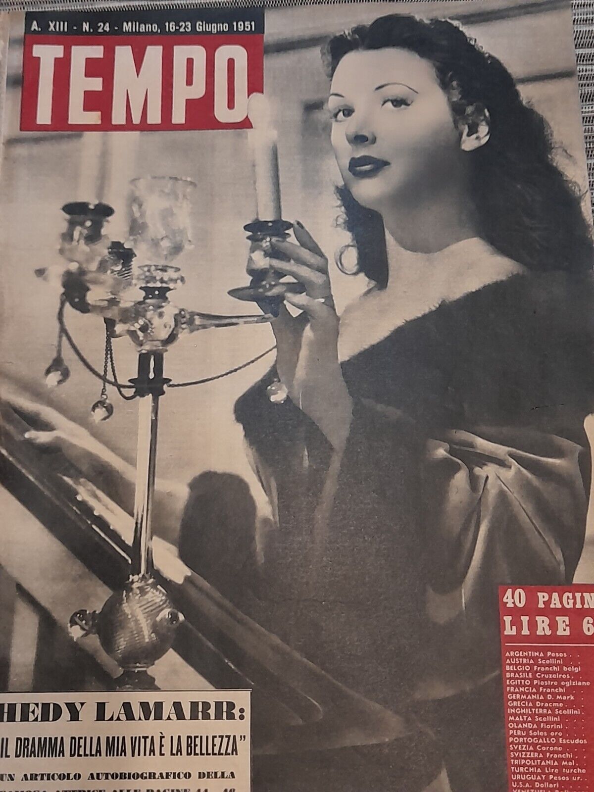 Vintage ital mag.1951-Actress Hedy Lamarr-Corea War-Trachtemberg art of memory