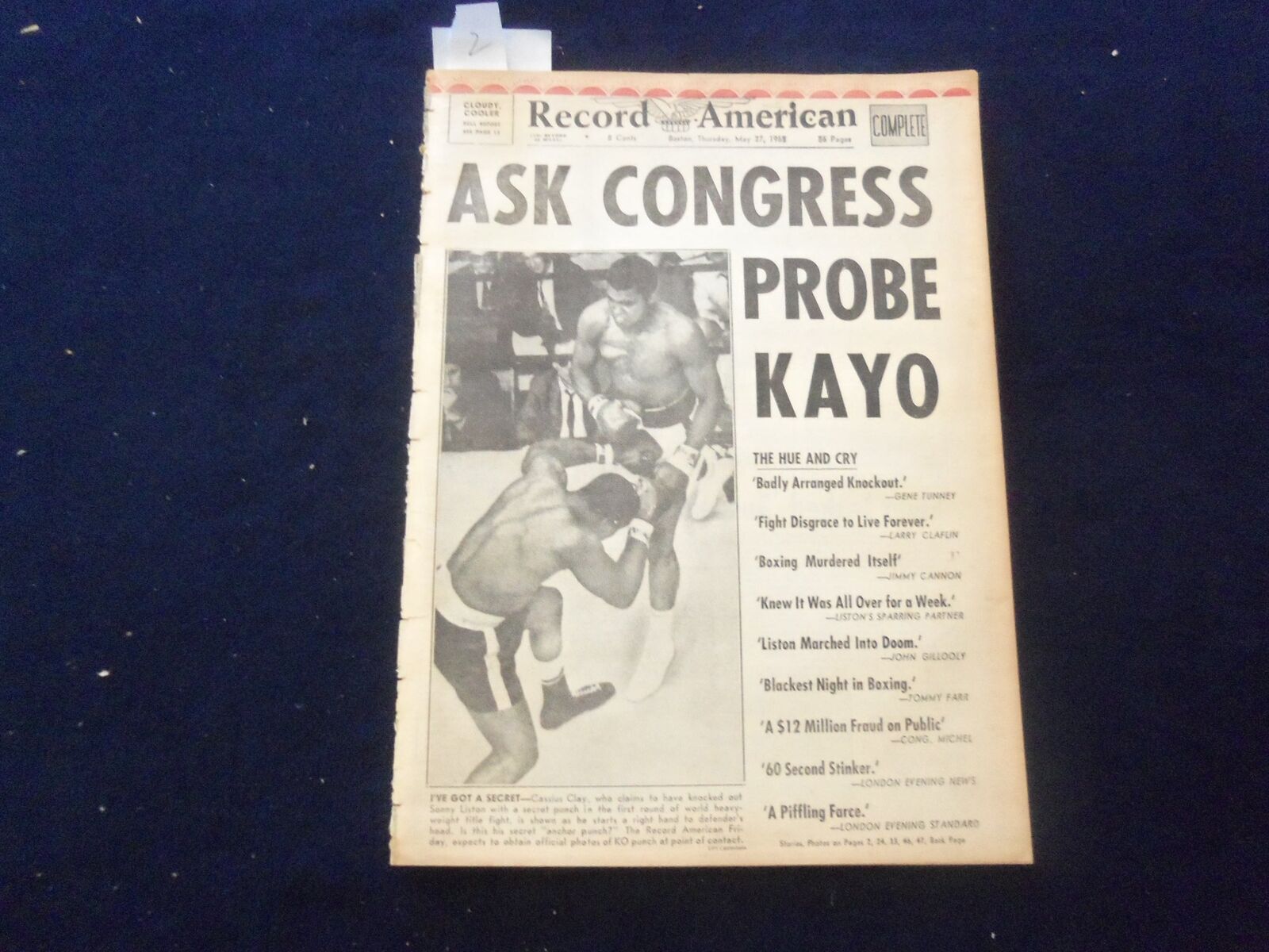 1965 MAY 27 BOSTON RECORD AMERICAN NEWSPAPER-ASK CONGRESS PROBE CLAY KO -NP 6249
