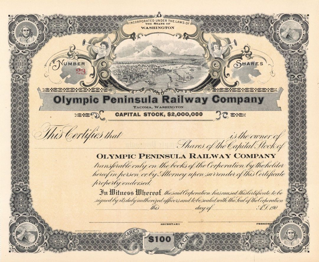 Olympic Peninsula Railway Co. - Northern Pacific Archive - Unissued Railroad Sto