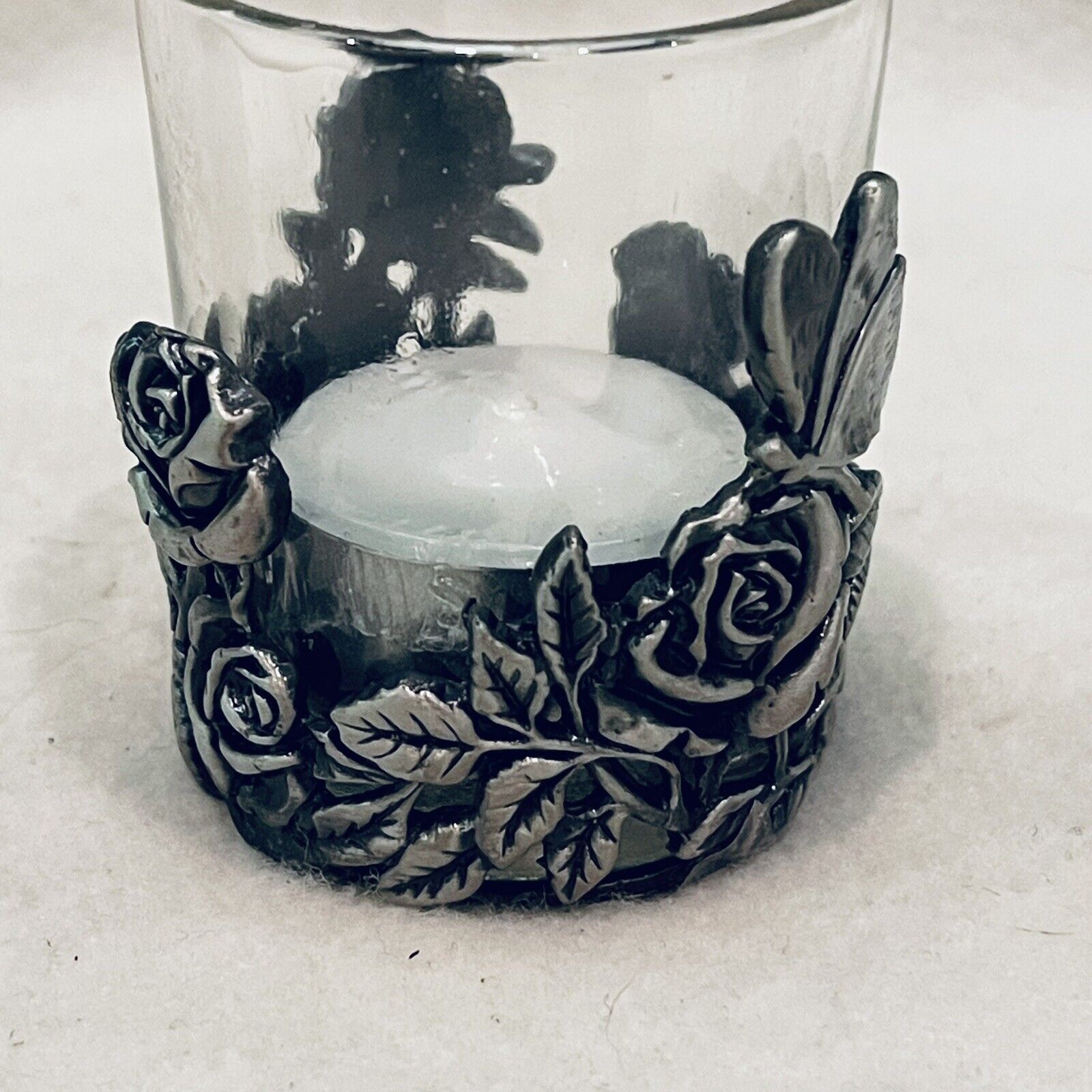 Vintage Pewter Rose and Butterfly  Votive Cup
