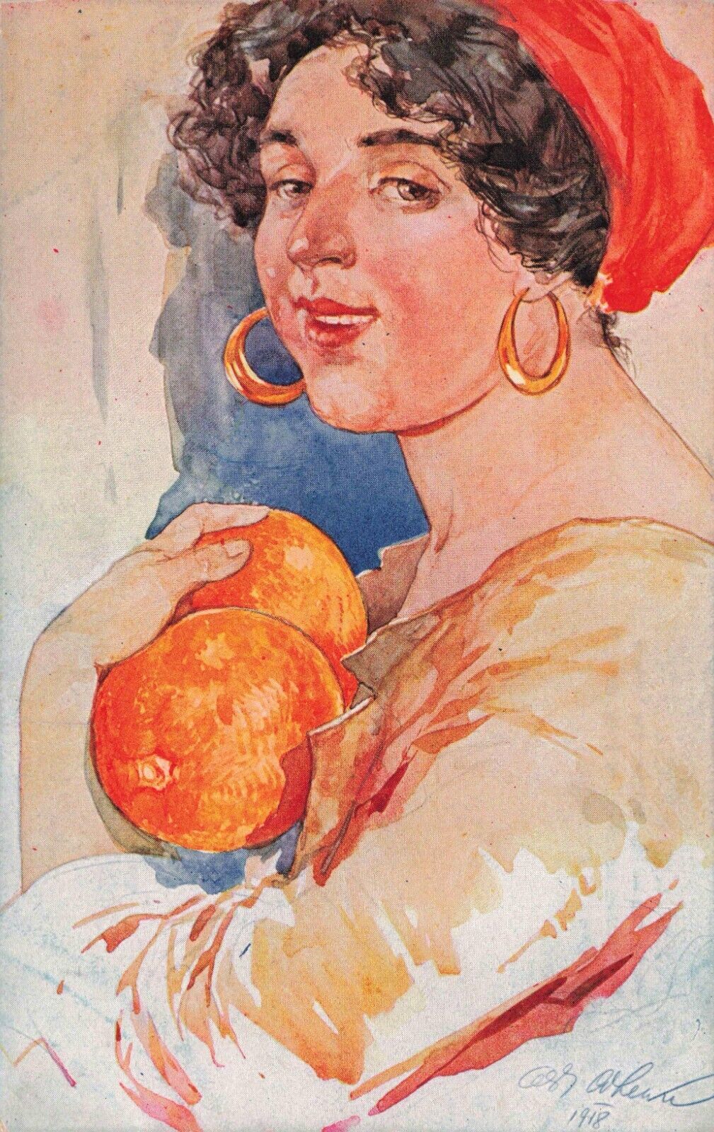 Colorful Woman with Large Oranges by Czech Artist Oldrich Cihelka Postcard