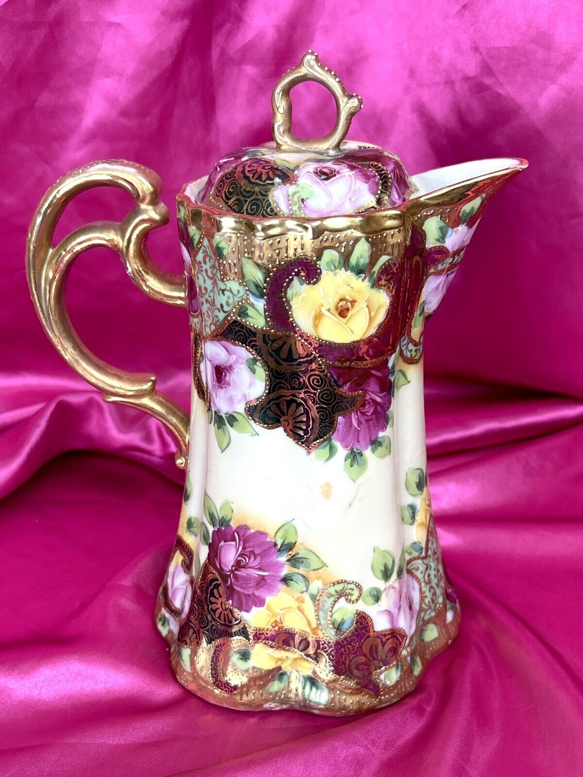 Antique Hand Painted Nippon Chocolate Pot Cocoa Pitcher Yellow/Pink Roses Gold