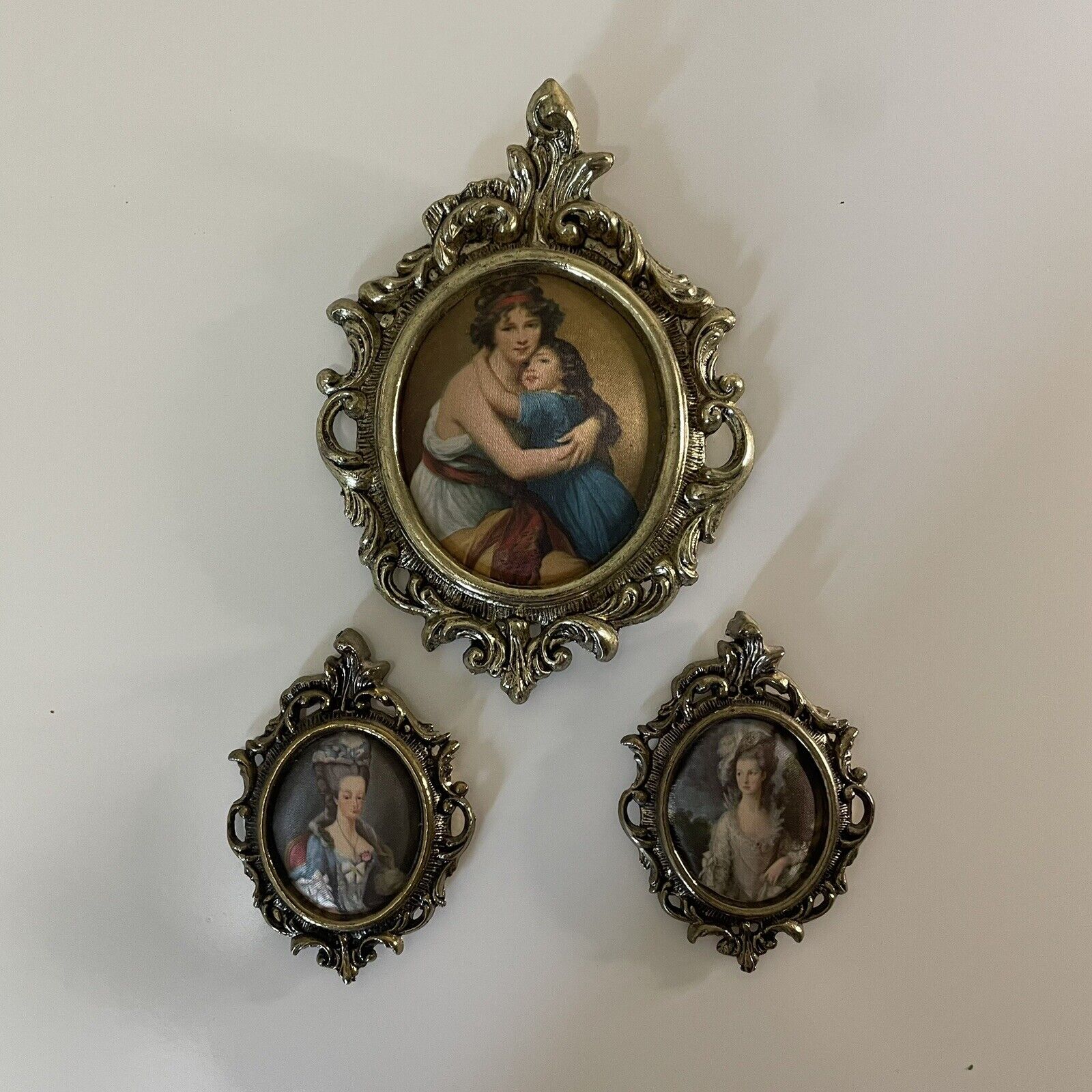 Set 3- Vintage Victorian Women Depicted On Silk Gold Tone Metal Filigree Frames
