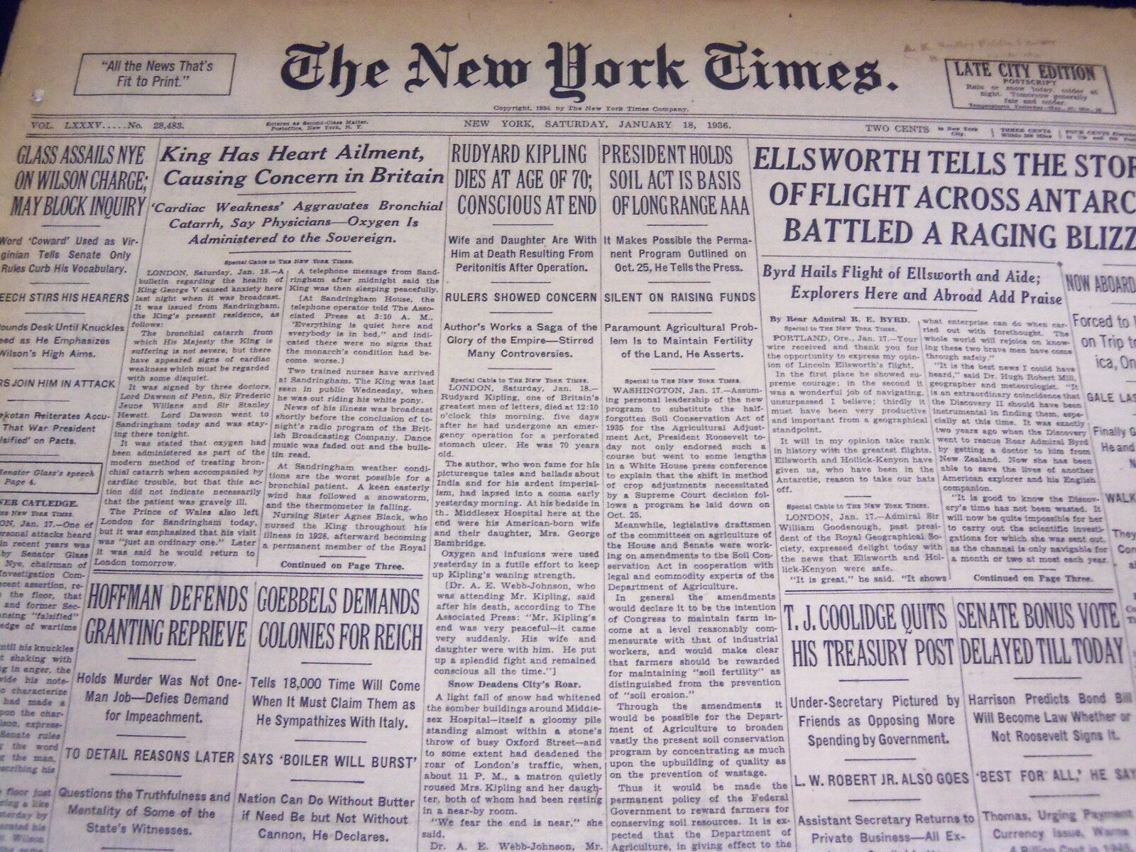 1936 JAN 18 NEW YORK TIMES - RUDYARD KIPLING DIES AT AGE OF 70 - NT 2060