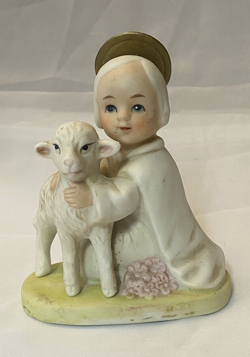Vintage HOMCO Shepard & Lamb Figurine Jesus Child Angel Sheep Ceramic 5605 Decor