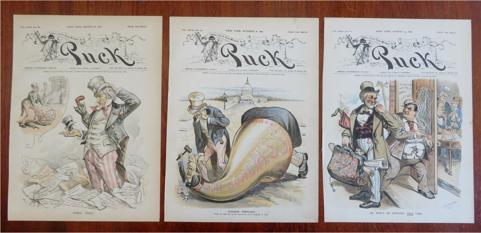 Uncle Sam U.S. Politics 1880\'s Puck Political Cartoons Lot x 3 great art