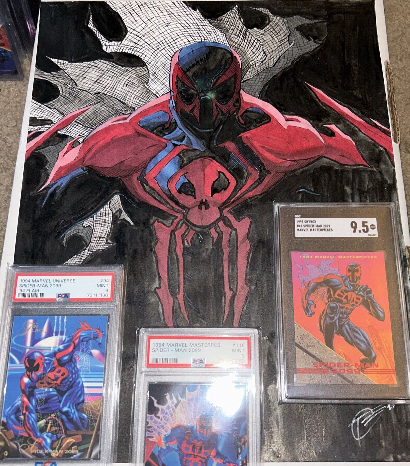 Spiderman 2099 14x11 Huge Art Piece Spiderman + Bonus Marvel Cards SGC PSA Grade