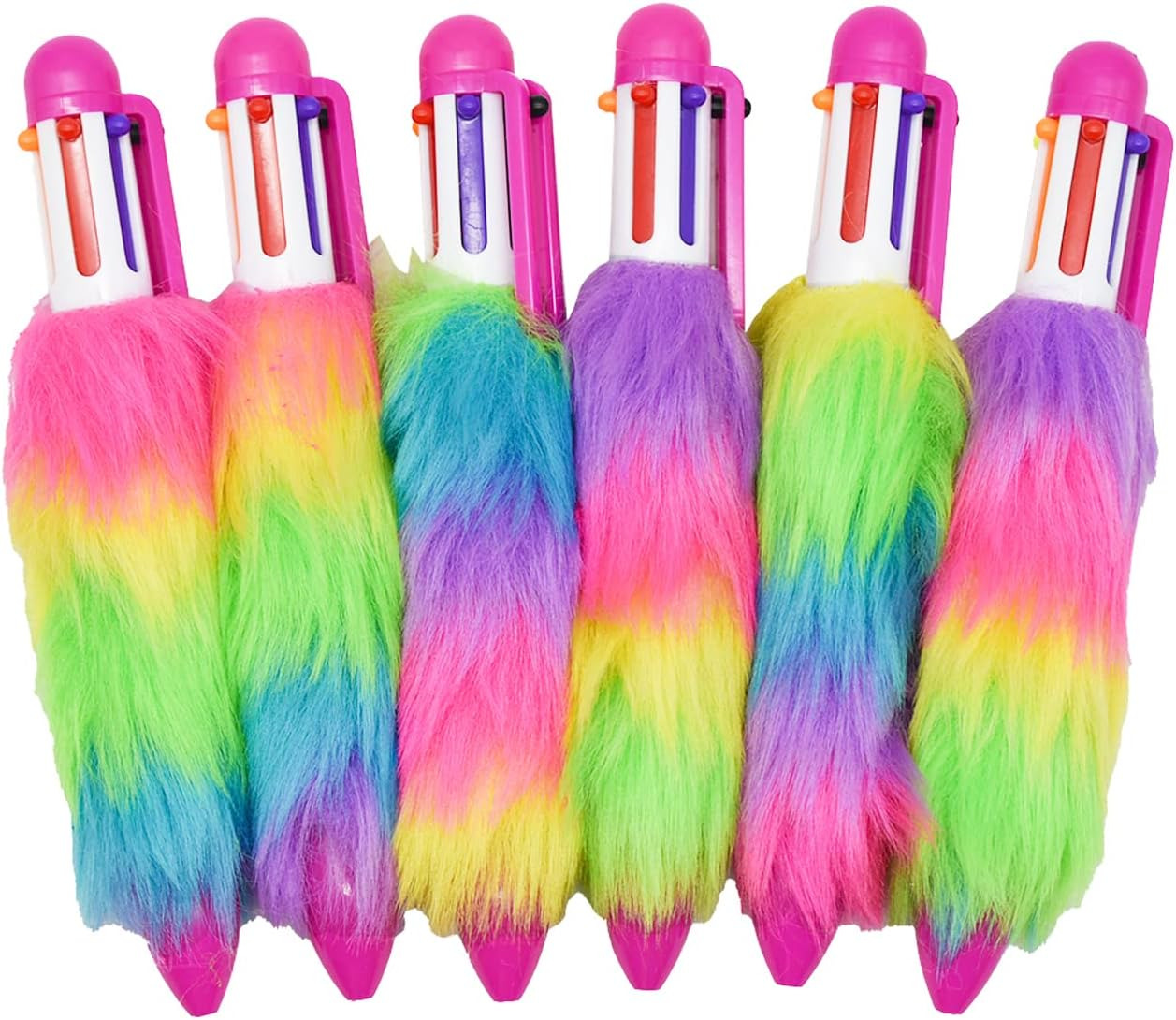 6PCS 6-In-1 Multicolor Fluffy Retractable Ballpoint Pen 6 Colors Shuttle Rainbow