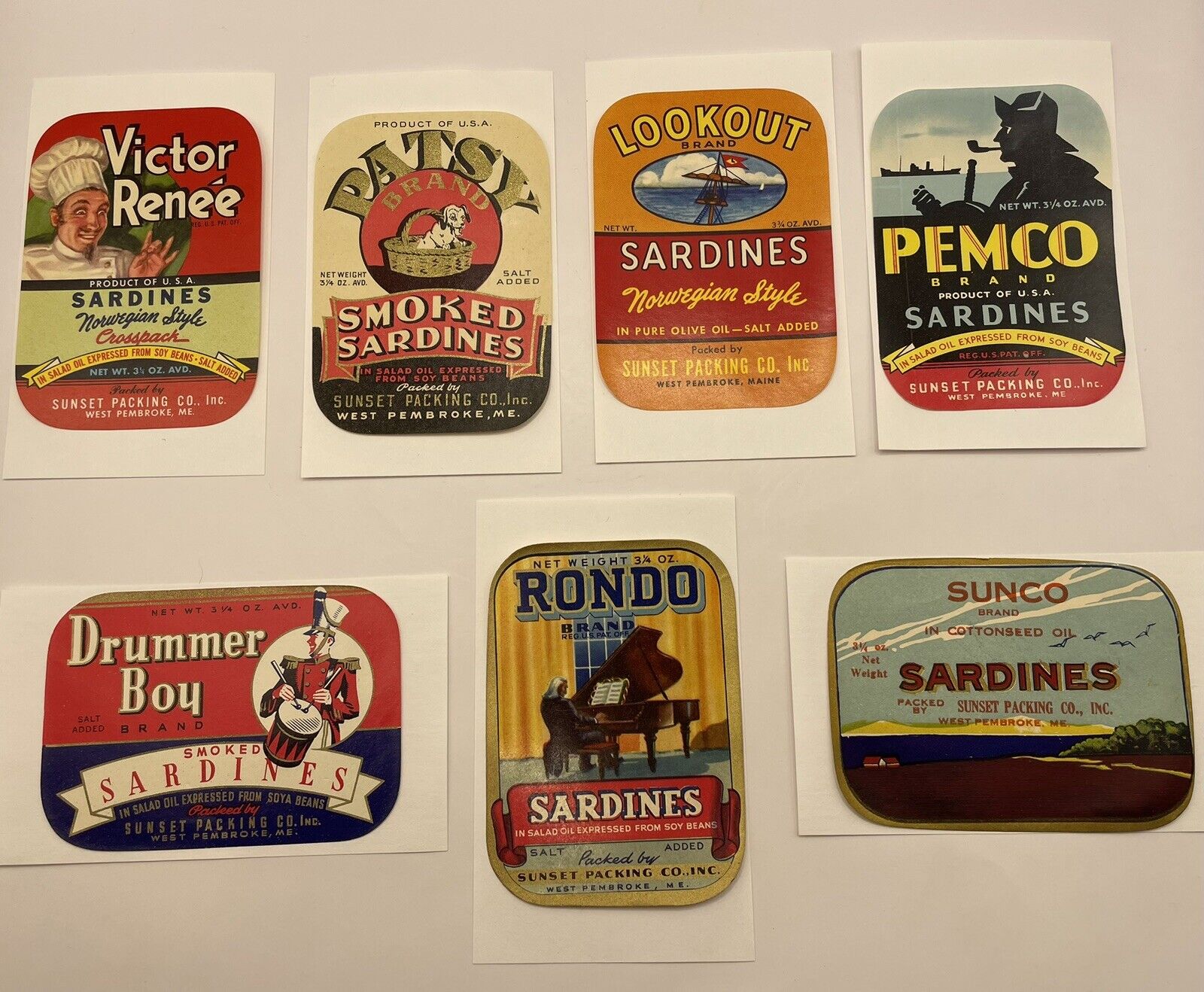 LOT OF 7 VINTAGE SARDINES LABELS SUNSET PACKING CO. MAINE